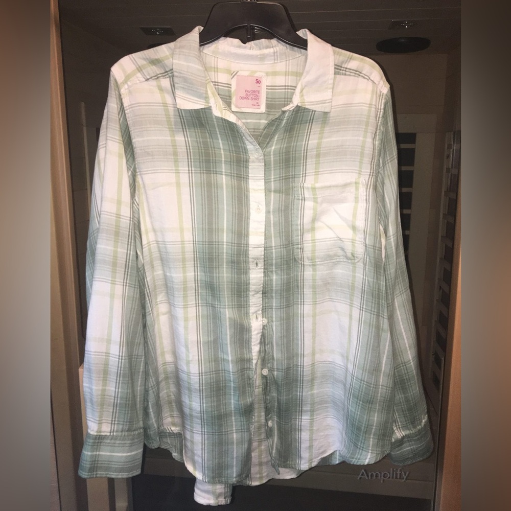 SO XL juniors plaid button down shirt green and cream